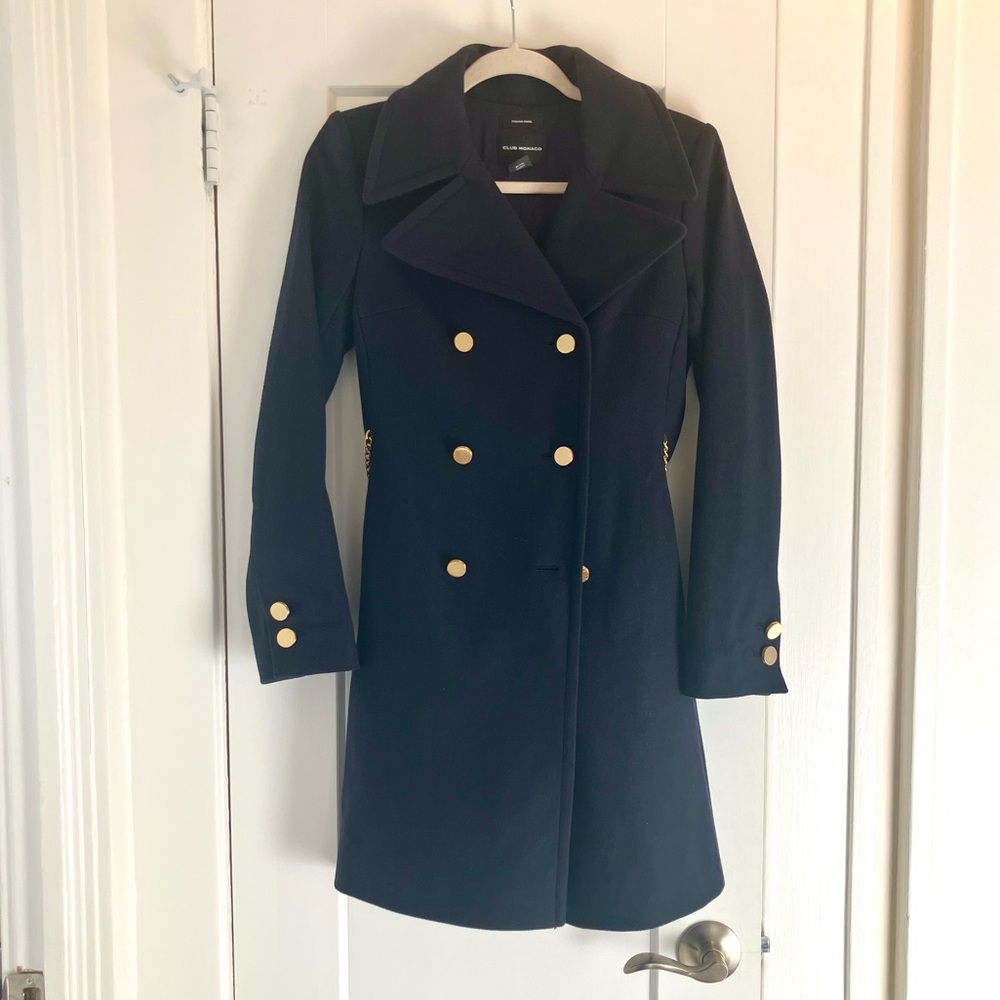 Club Monaco Navy Blue Pea Coat with Gold Buttons and Chain Belt Size XS NWOT